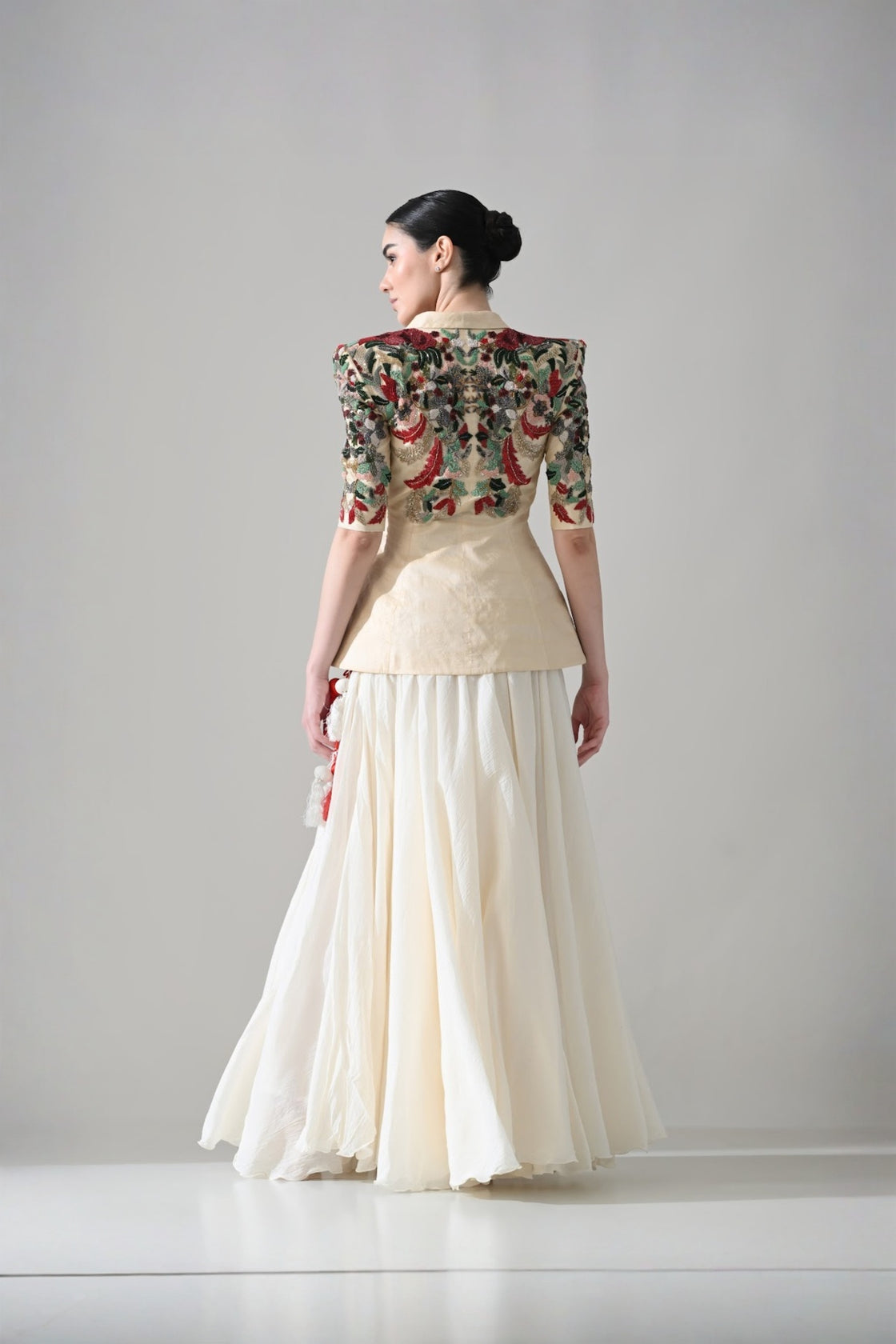 Beige Embroidered Tailored Jacket With Skirt