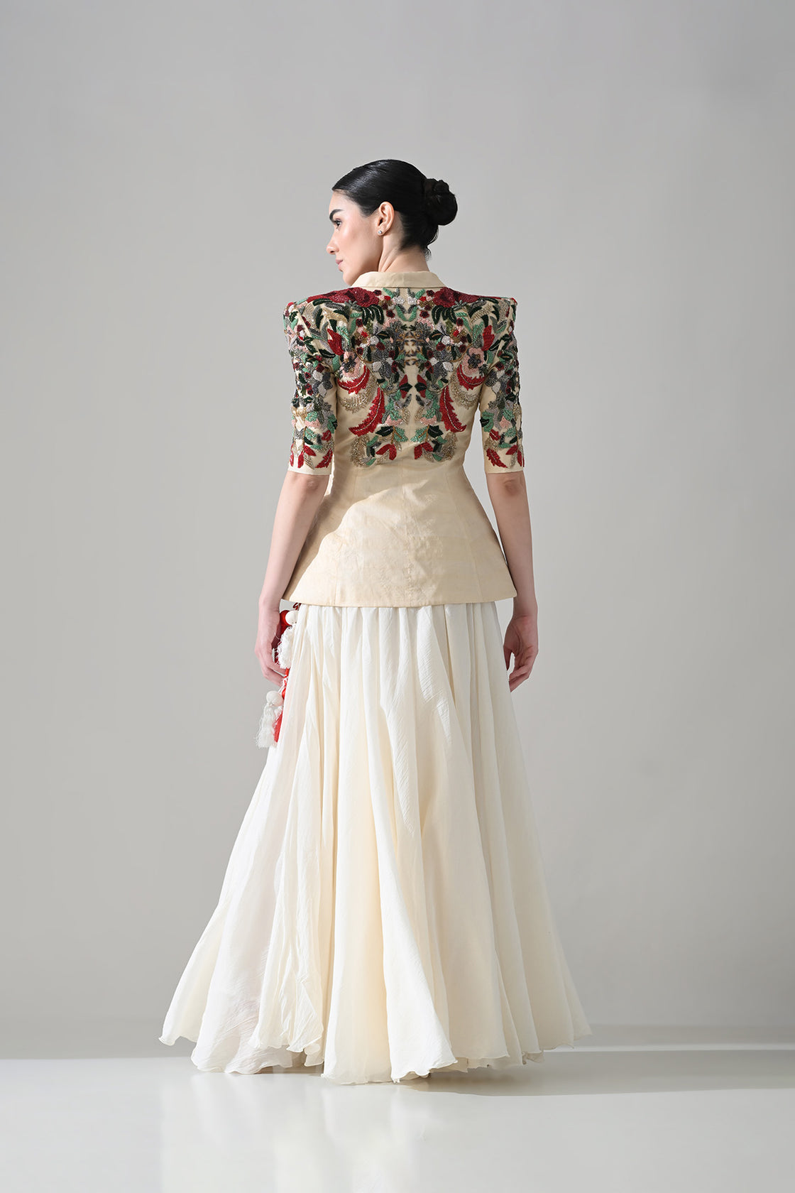 Beige Embroidered Tailored Jacket With Skirt