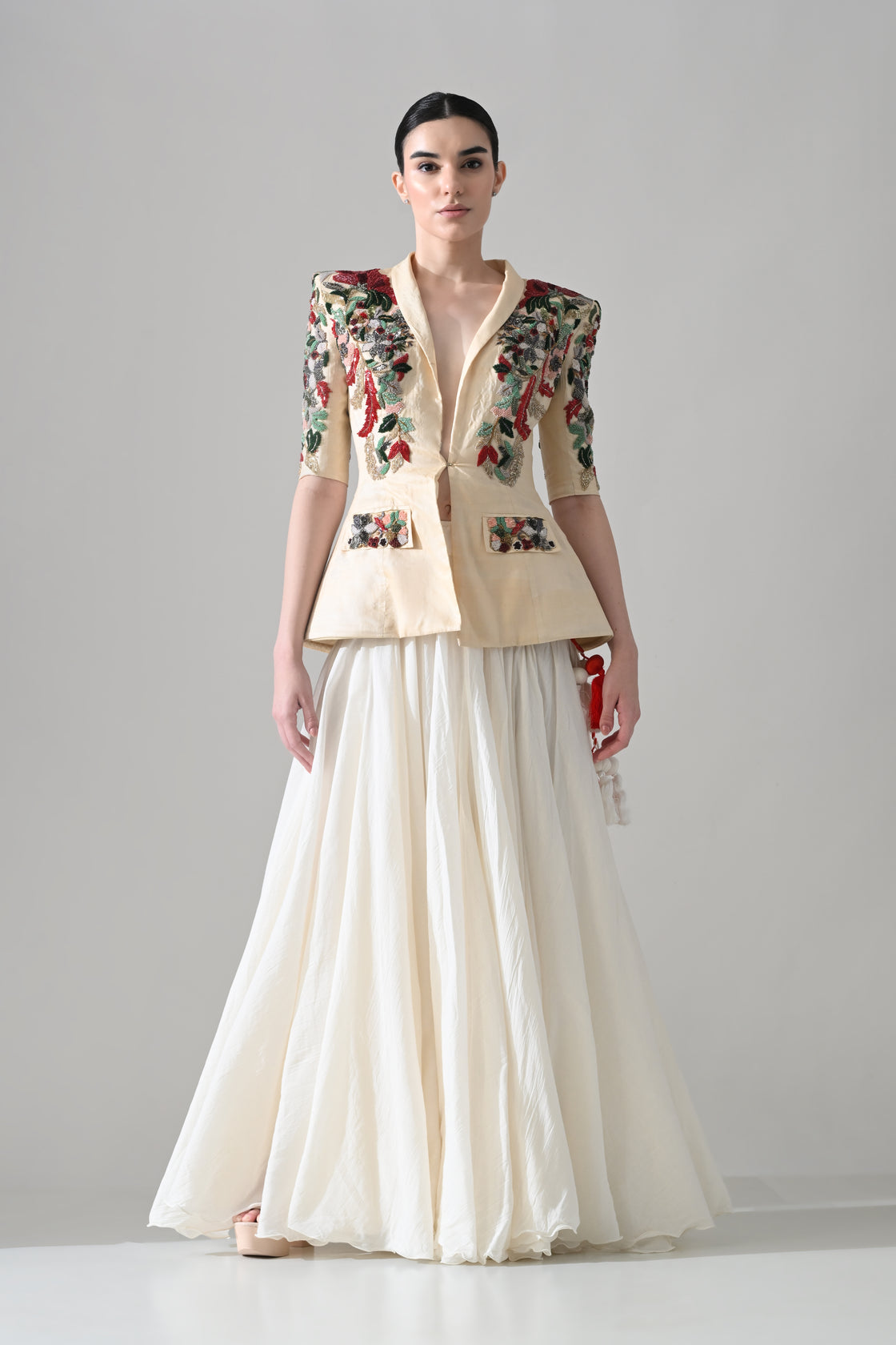 Embroidered Beige Tailored Jacket with Soft Full-Length Skirt