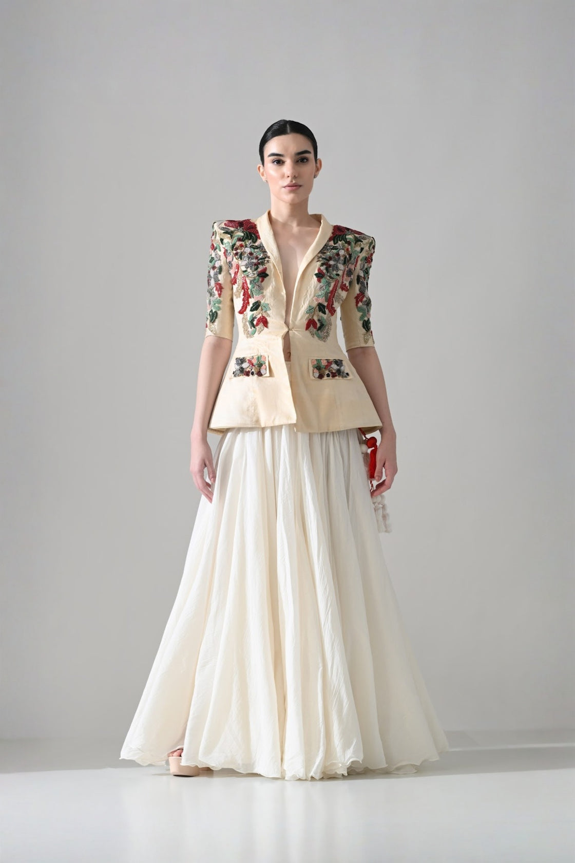 Beige Embroidered Tailored Jacket With Skirt