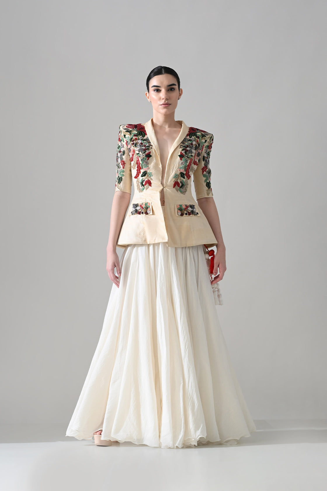 Beige Embroidered Tailored Jacket With Skirt