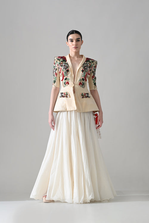 Beige Embroidered Tailored Jacket With Skirt