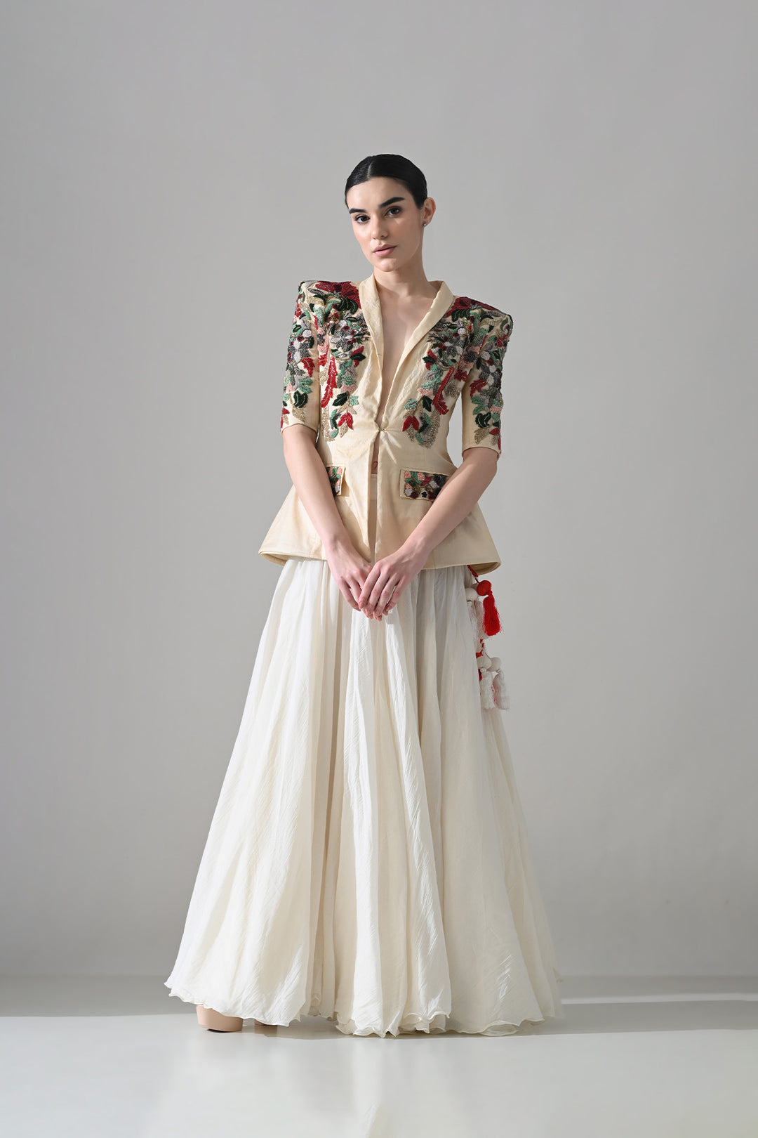 Beige Embroidered Tailored Jacket With Skirt