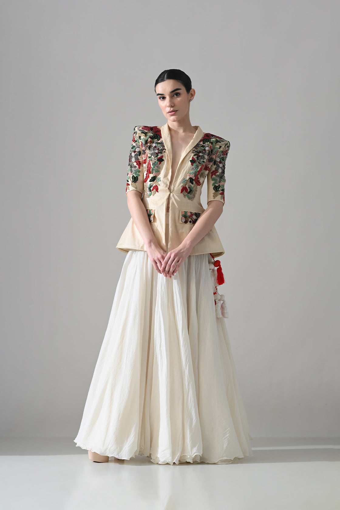 Beige Embroidered Tailored Jacket With Skirt