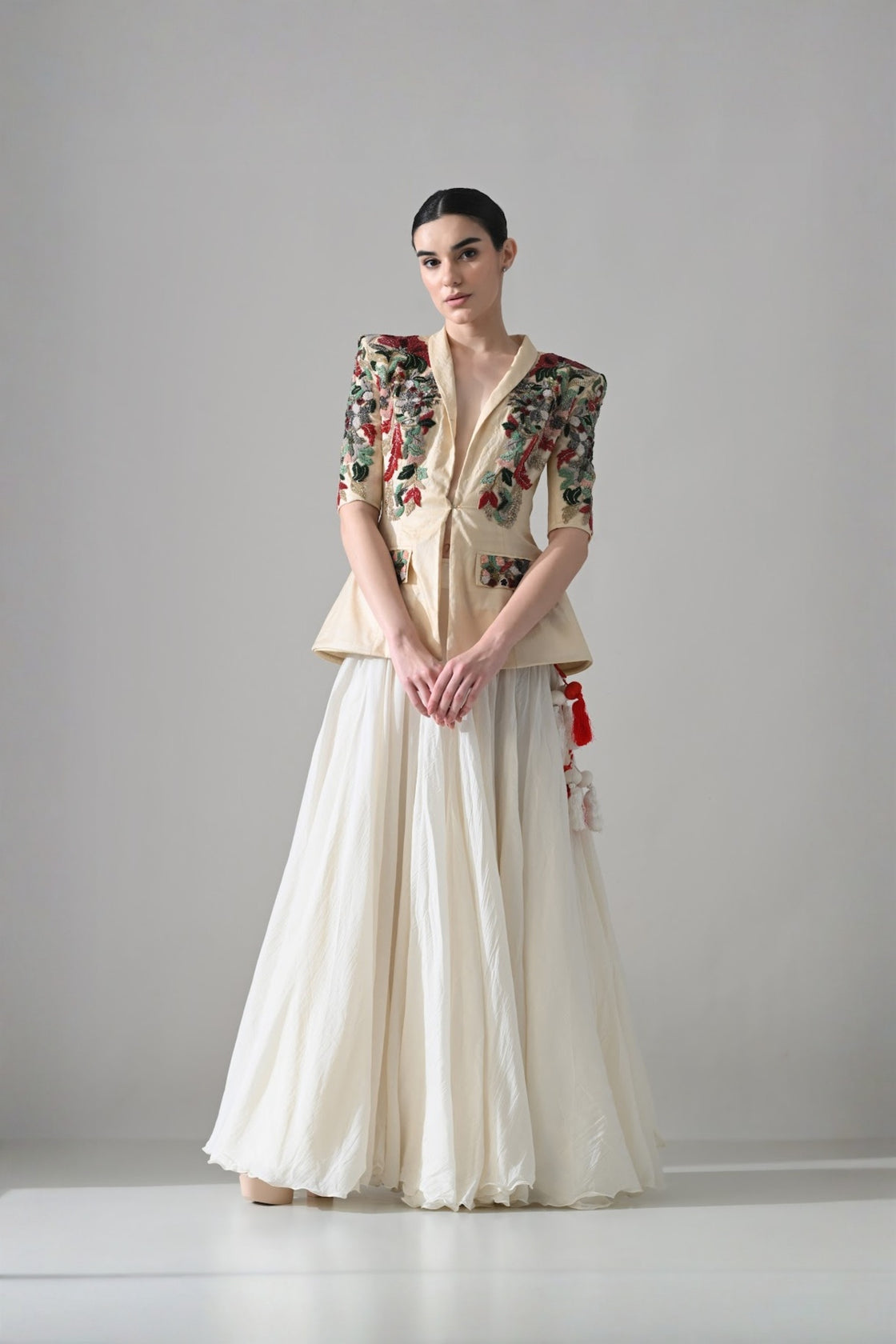 Beige Embroidered Tailored Jacket With Skirt