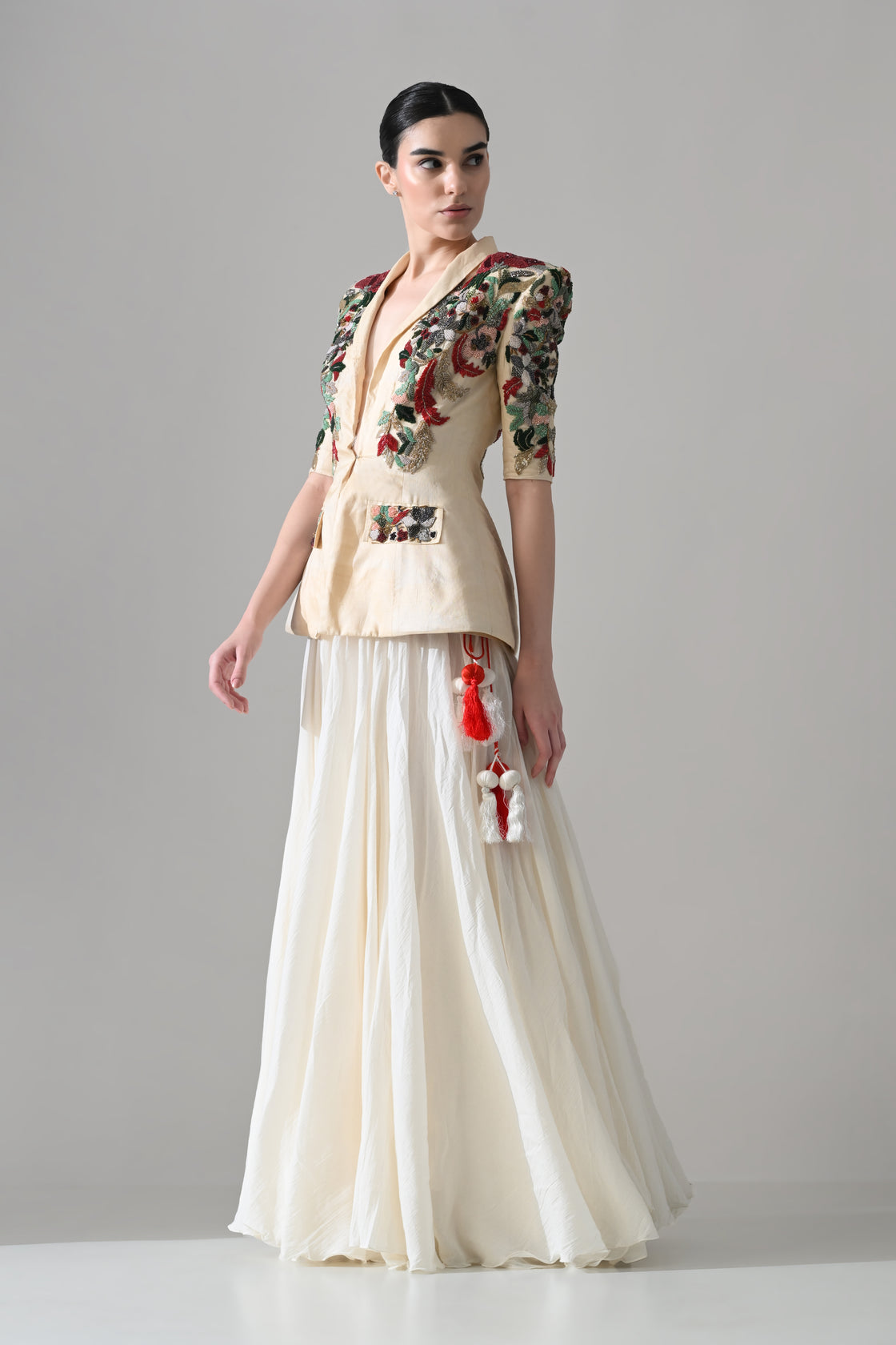 Embroidered Beige Tailored Jacket with Soft Full-Length Skirt
