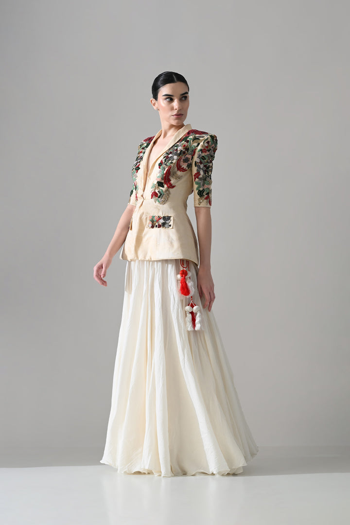 Beige Embroidered Tailored Jacket With Skirt