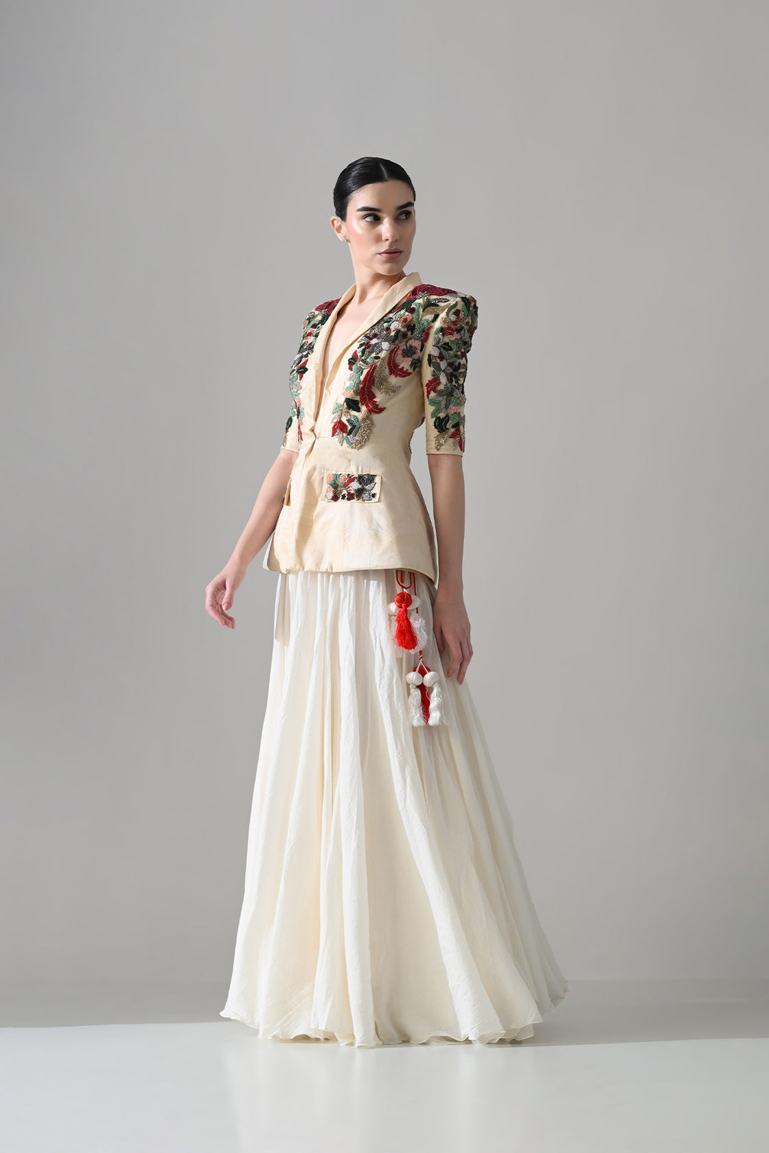 Beige Embroidered Tailored Jacket With Skirt