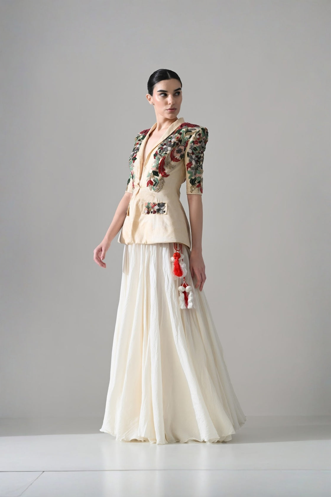 Beige Embroidered Tailored Jacket With Skirt
