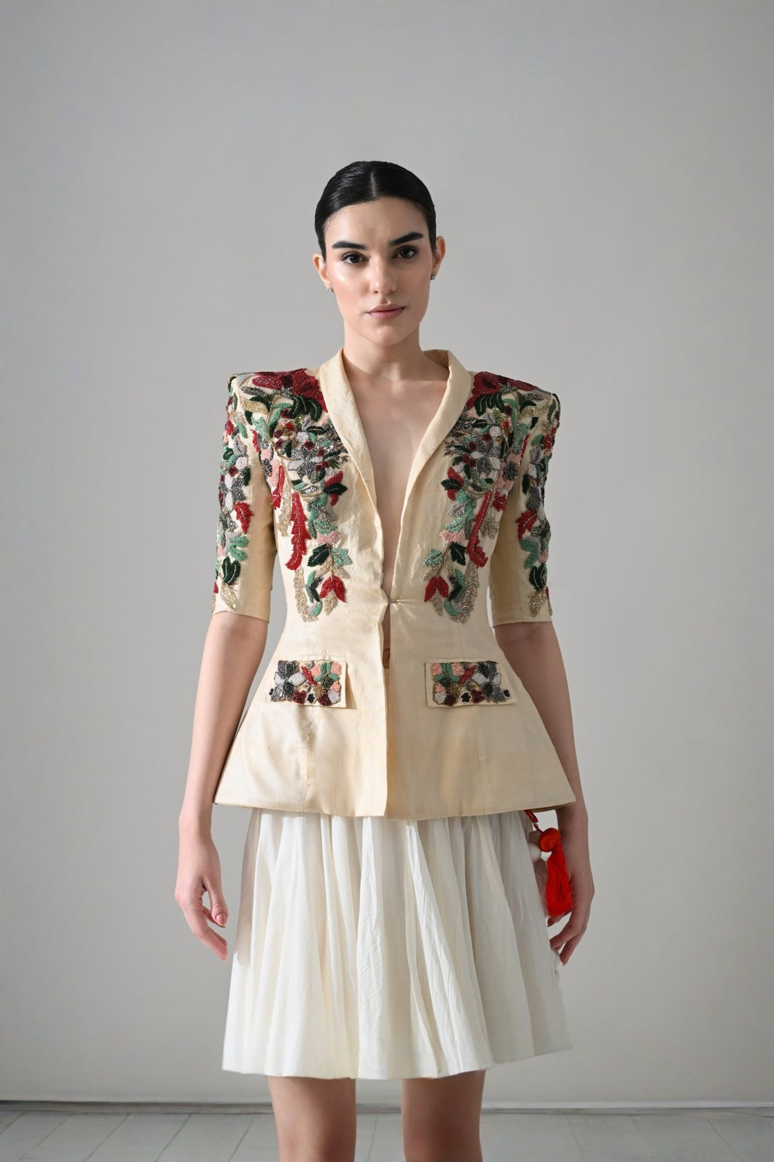 Beige Embroidered Tailored Jacket With Skirt