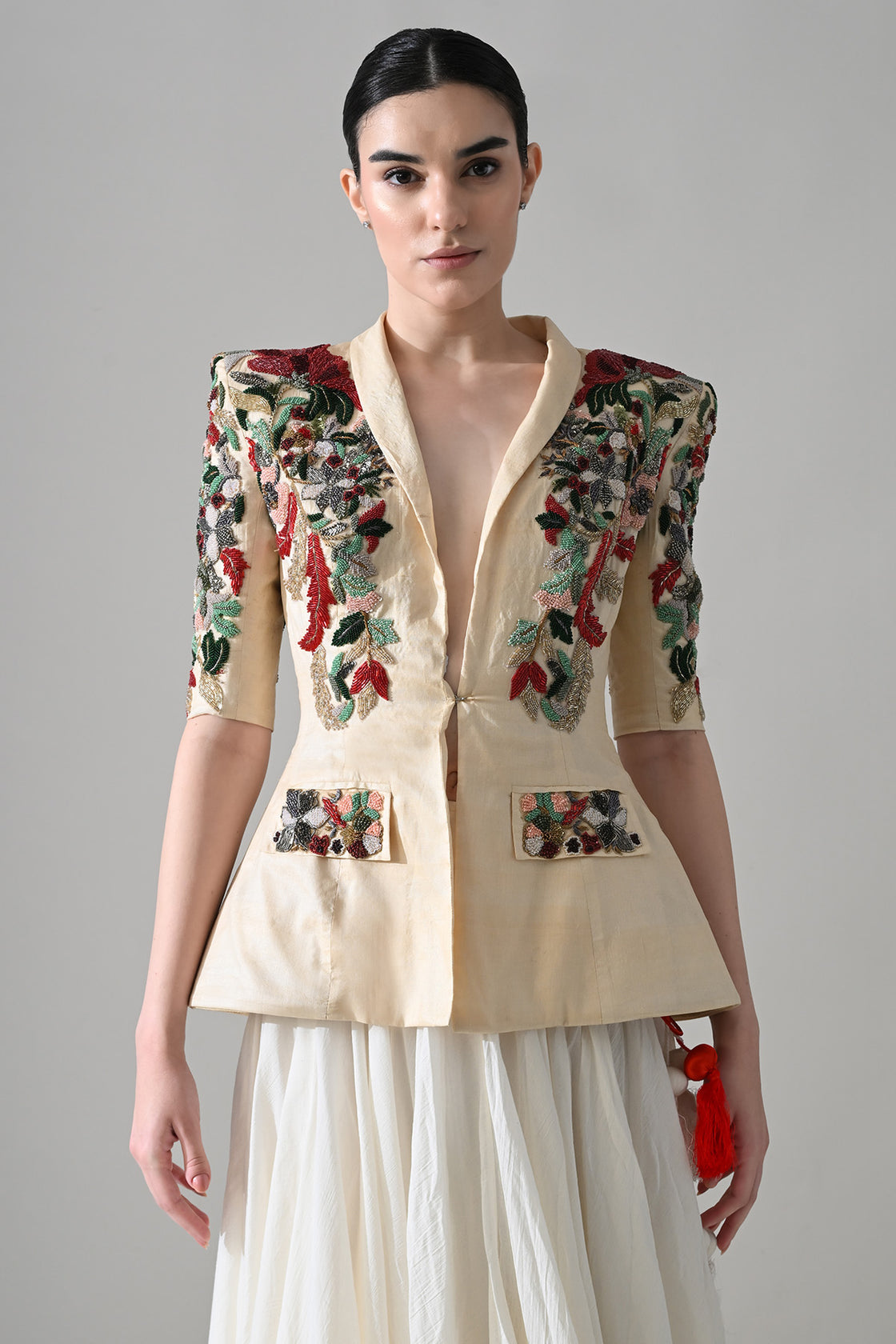 Beige Embroidered Tailored Jacket With Skirt