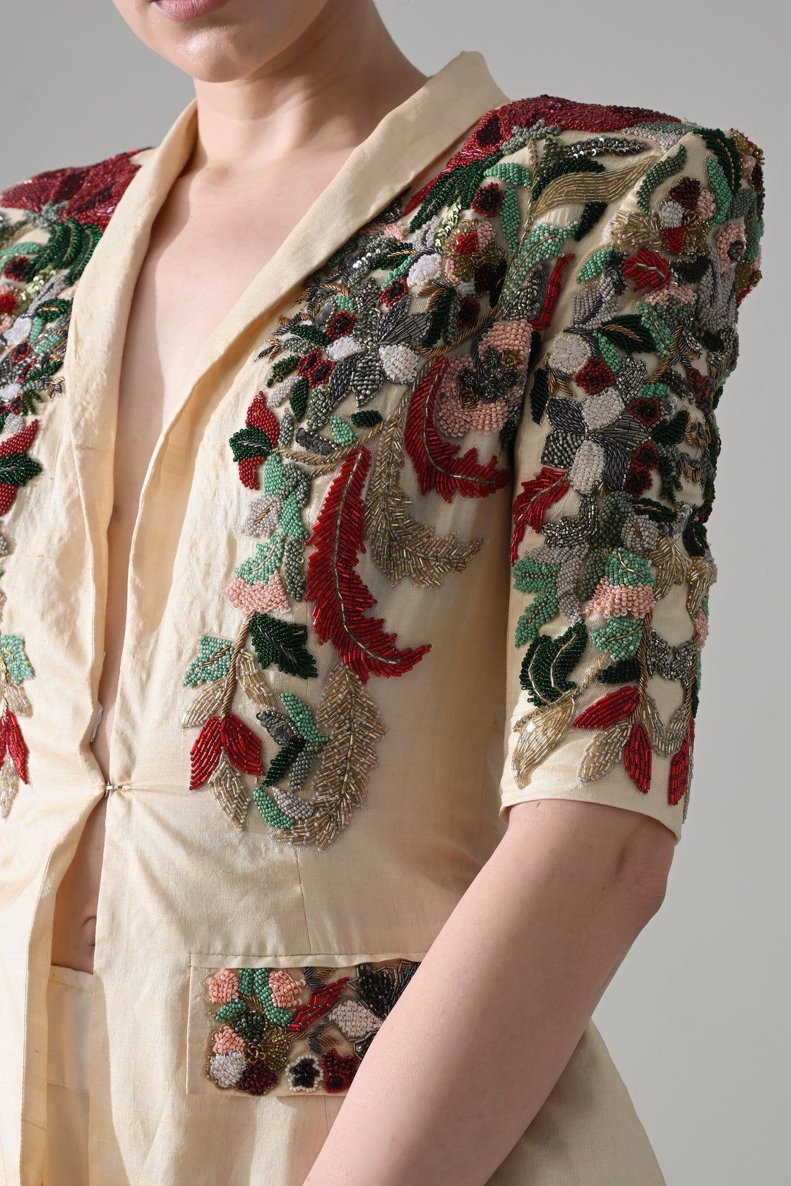 Embroidered Beige Tailored Jacket with Soft Full-Length Skirt