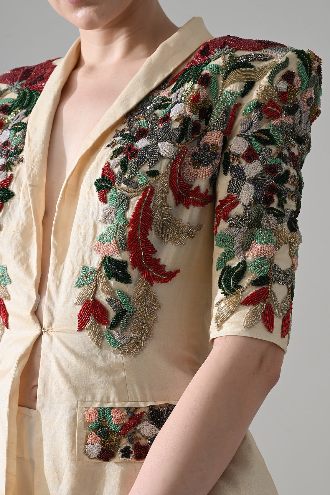 Beige Embroidered Tailored Jacket With Skirt