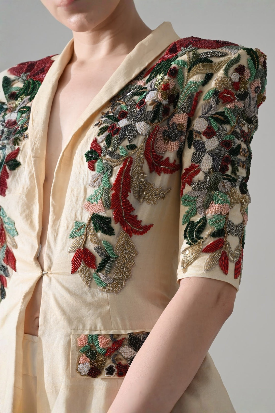 Beige Embroidered Tailored Jacket With Skirt