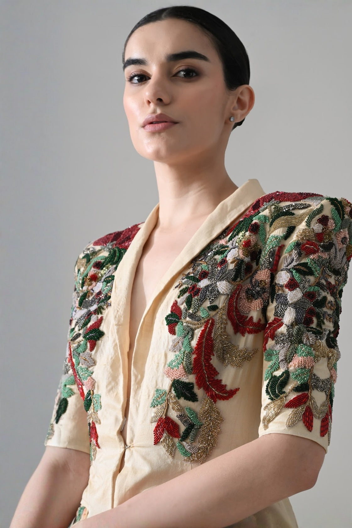 Beige Embroidered Tailored Jacket With Skirt