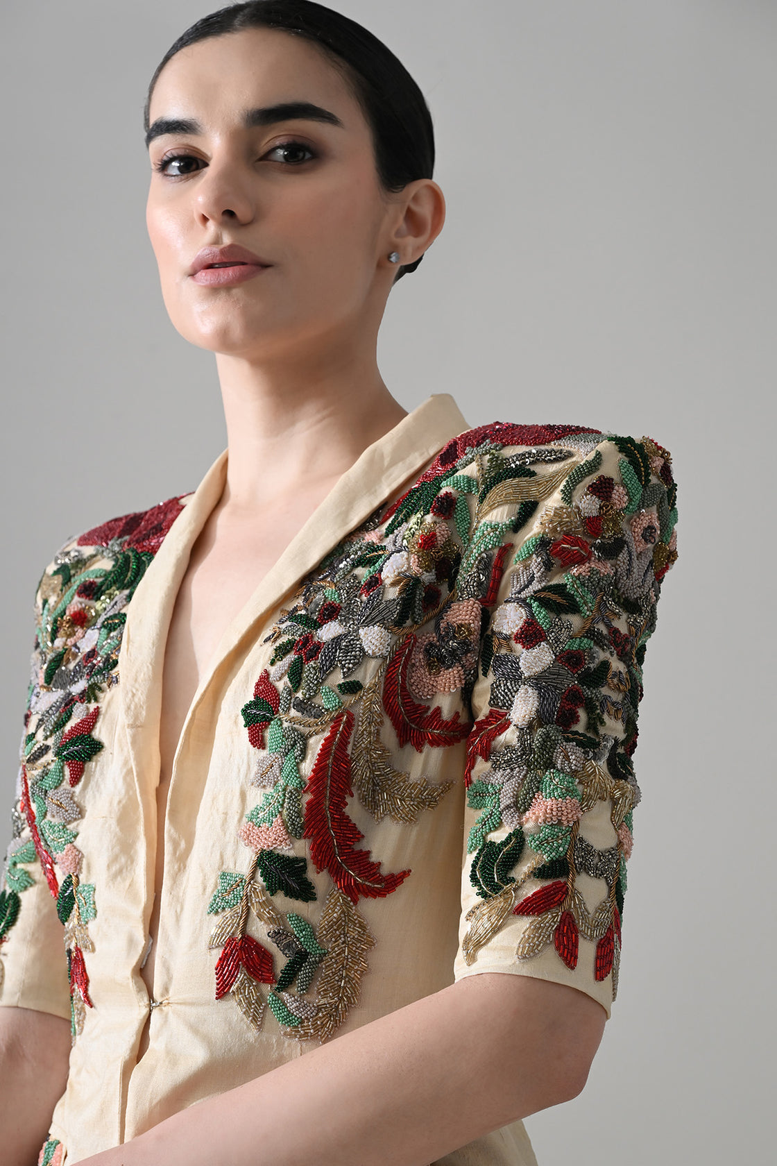 Beige Embroidered Tailored Jacket With Skirt