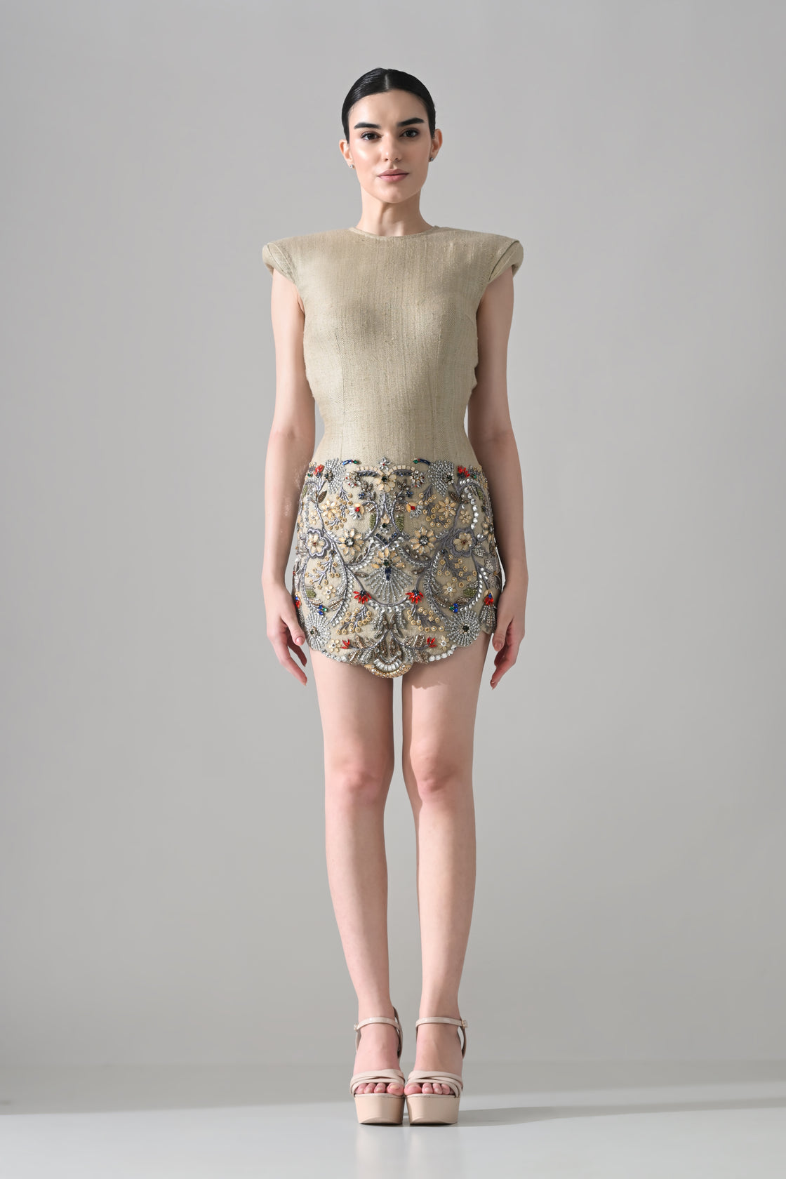 Sand Embellished Mini Dress with Ornate Handwork