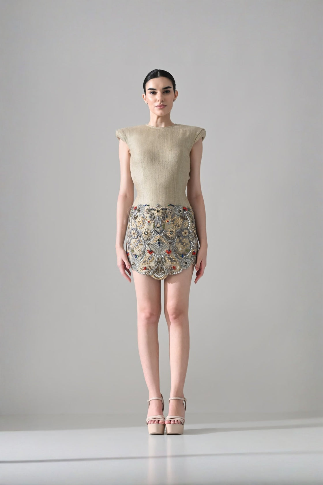 Beige Short Dress With Crystal Ornate Detail