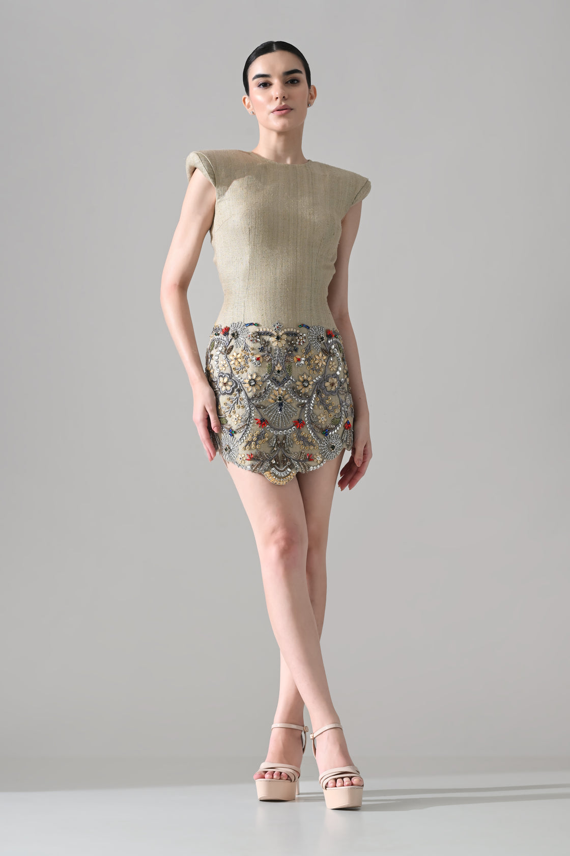 Sand Embellished Mini Dress with Ornate Handwork