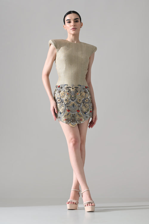Sand Embellished Mini Dress with Ornate Handwork
