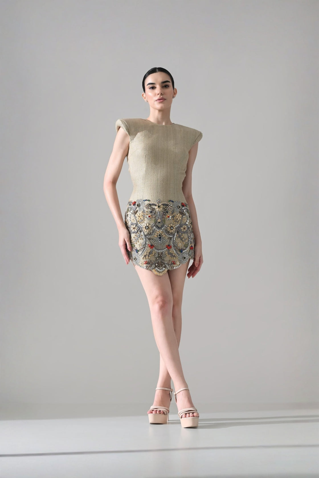 Beige Short Dress With Crystal Ornate Detail