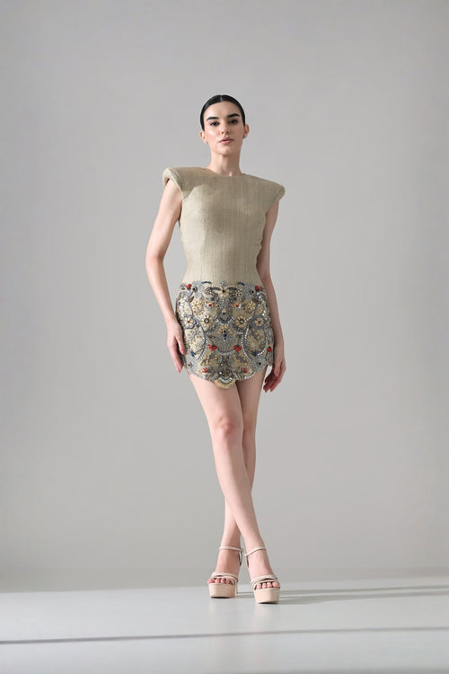 Beige Short Dress With Crystal Ornate Detail