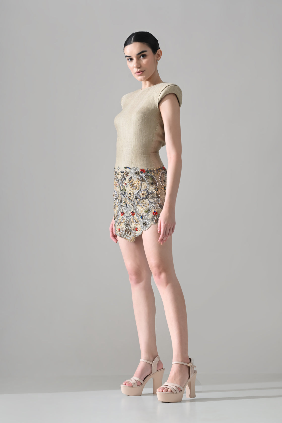 Sand Embellished Mini Dress with Ornate Handwork