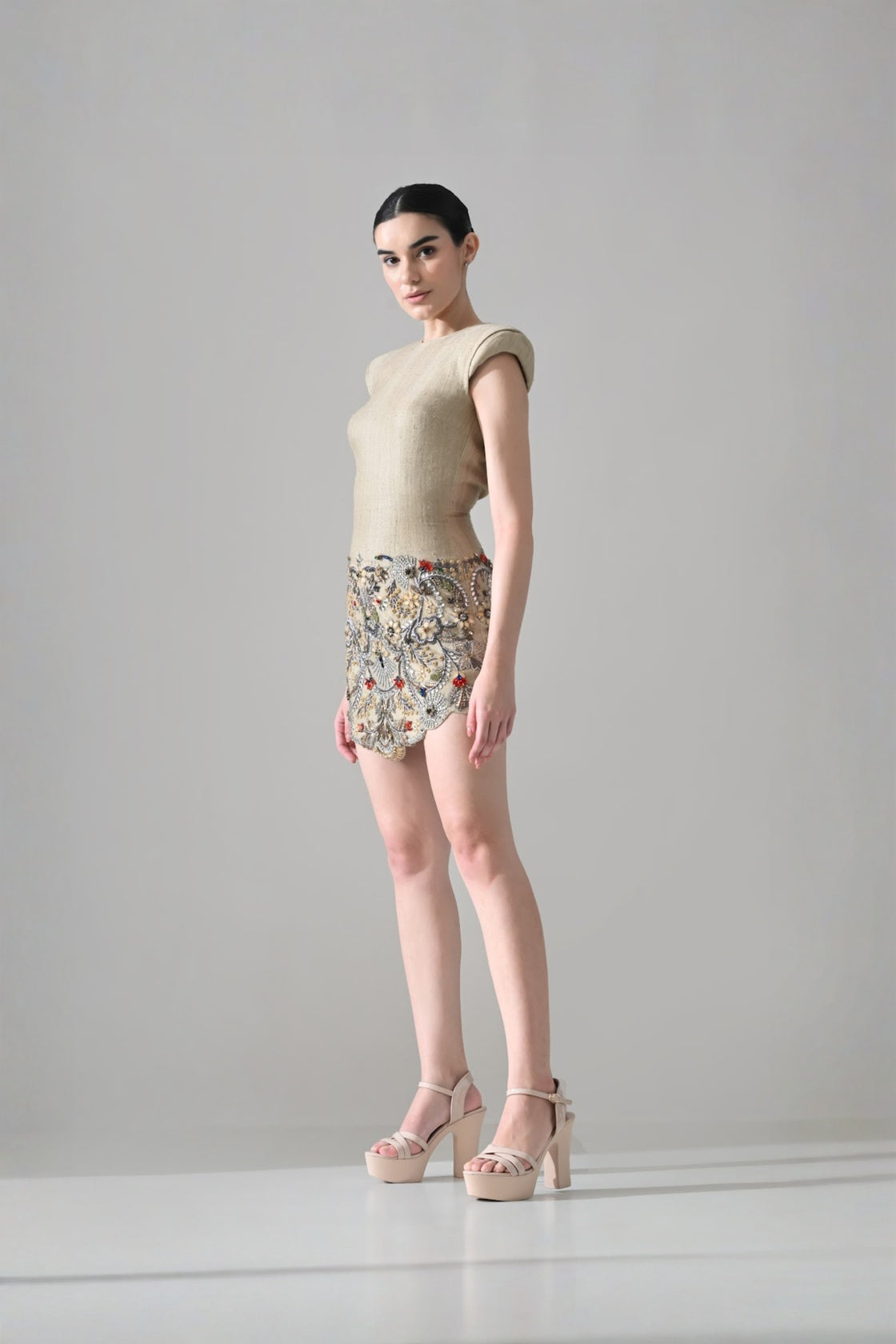 Beige Short Dress With Crystal Ornate Detail