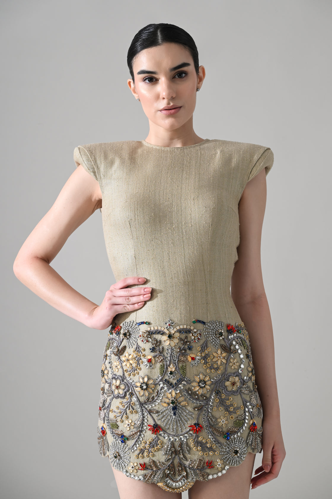 Sand Embellished Mini Dress with Ornate Handwork