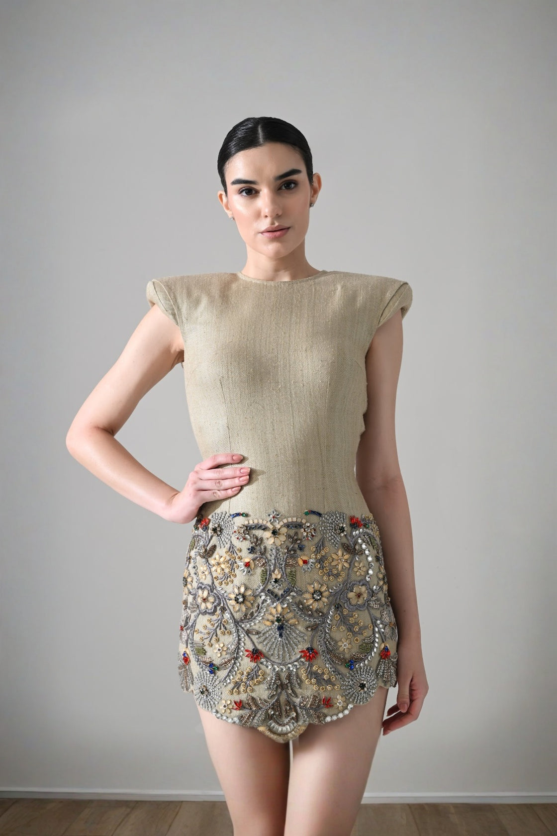 Beige Short Dress With Crystal Ornate Detail