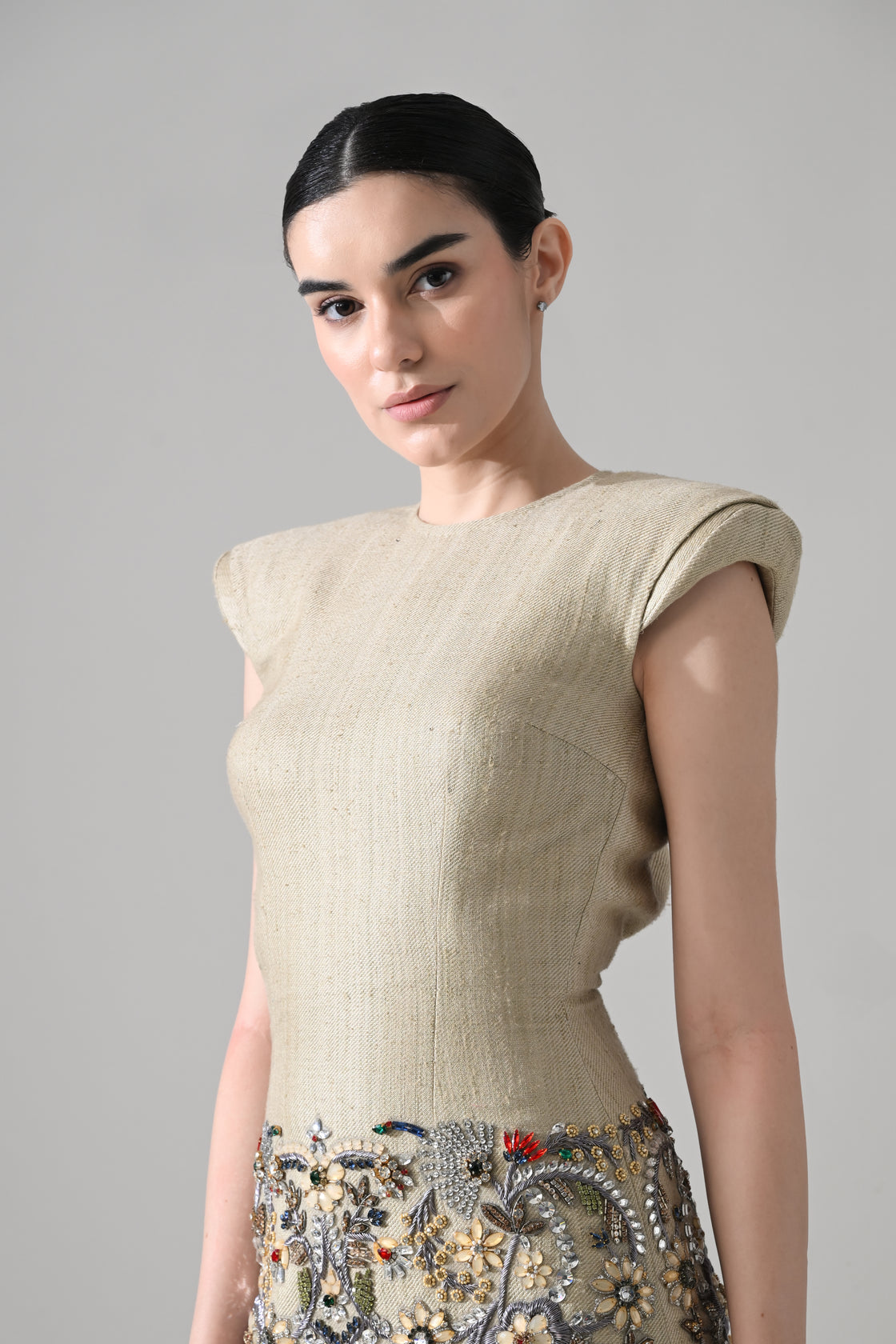 Sand Embellished Mini Dress with Ornate Handwork