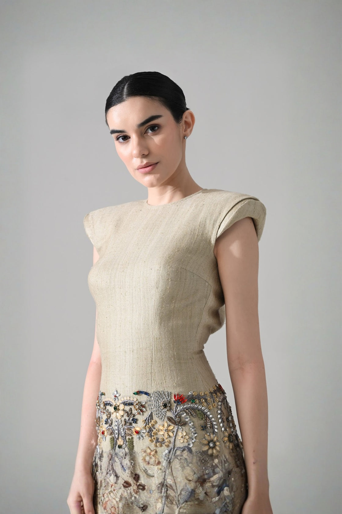 Beige Short Dress With Crystal Ornate Detail