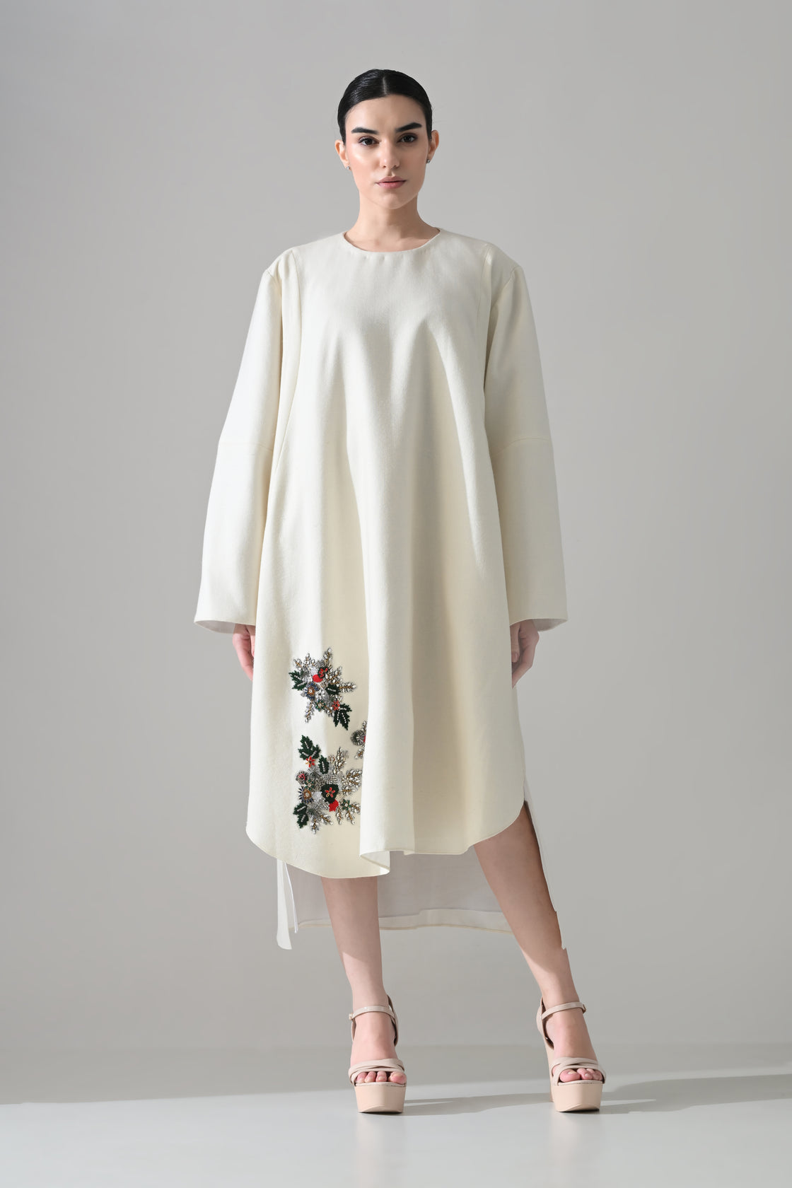 Ivory Dress with Asymmetrically Placed Hand-Embroidered Motifs
