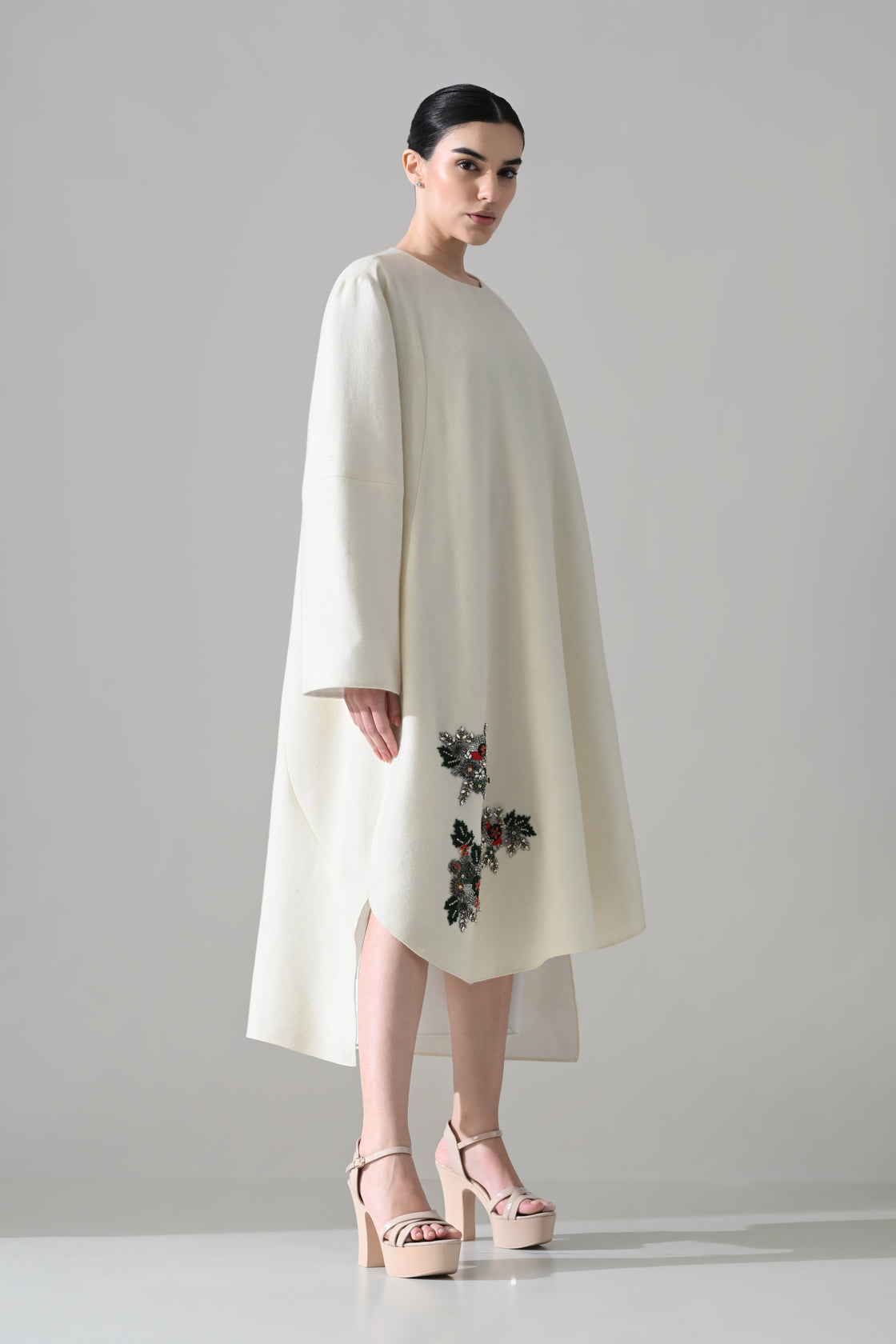 Ivory Dress with Asymmetrically Placed Hand-Embroidered Motifs