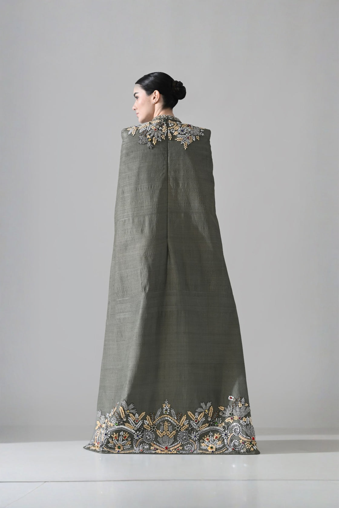 Grey Cape Dress With Hand-Embroidered Detail On Neckline And Hemline