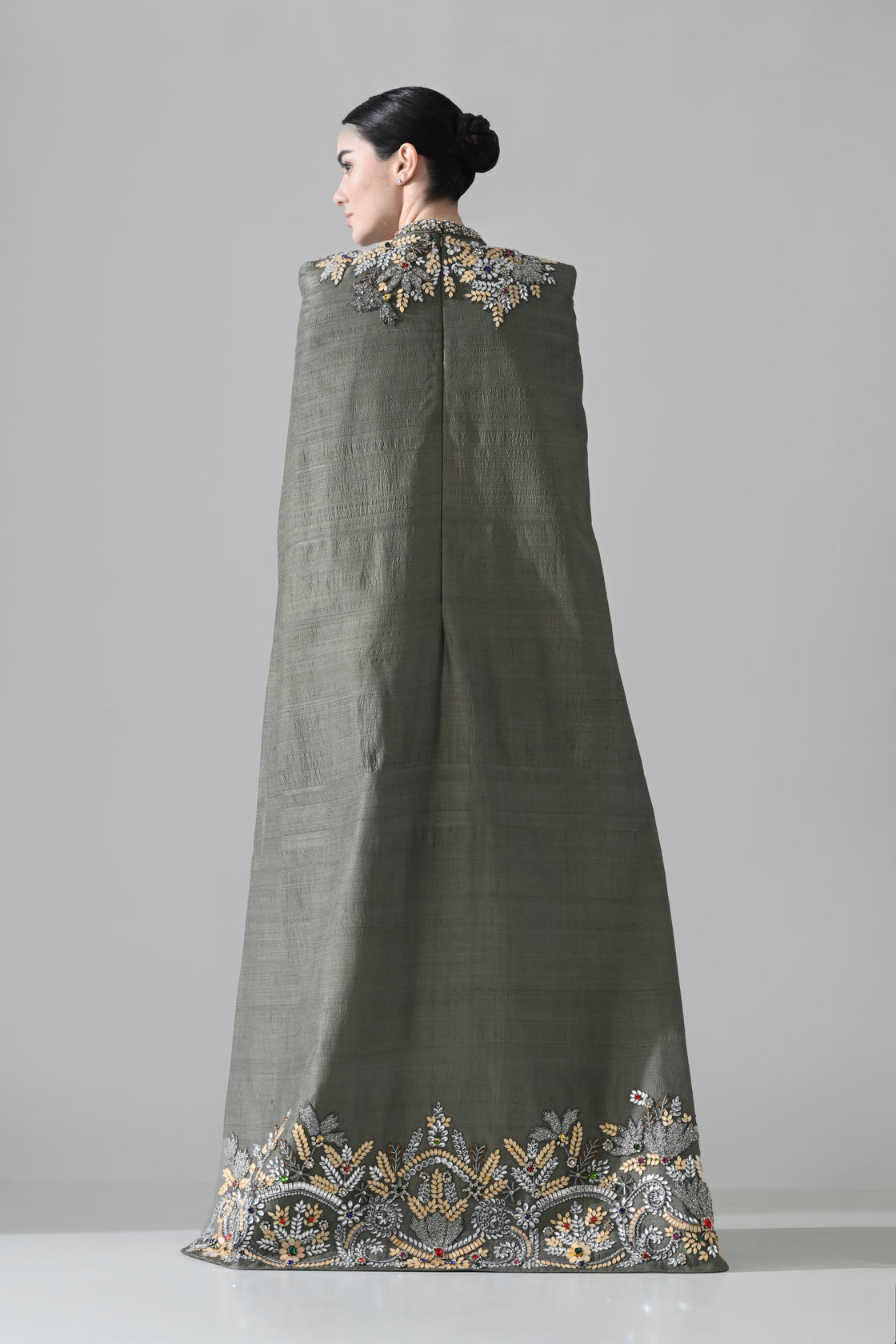 Olive Cape Dress with Hand-Embroidered Neckline and Hem