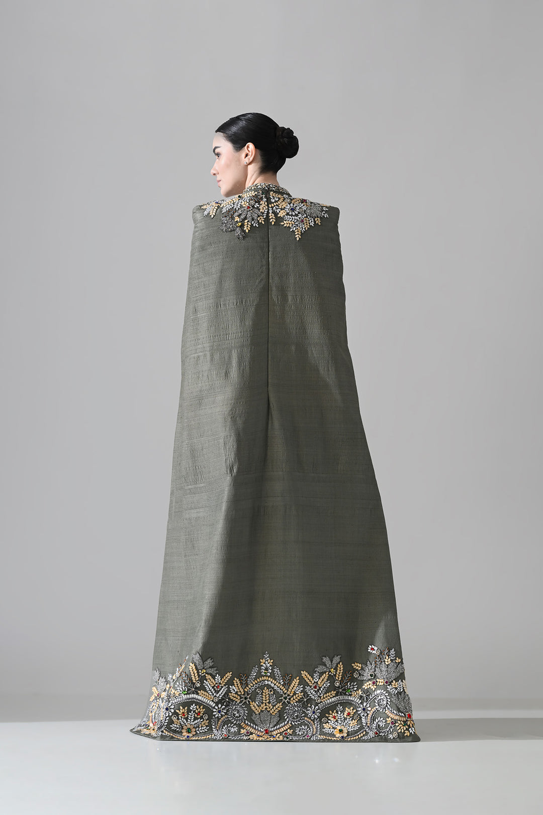 Grey Cape Dress With Hand-Embroidered Detail On Neckline And Hemline