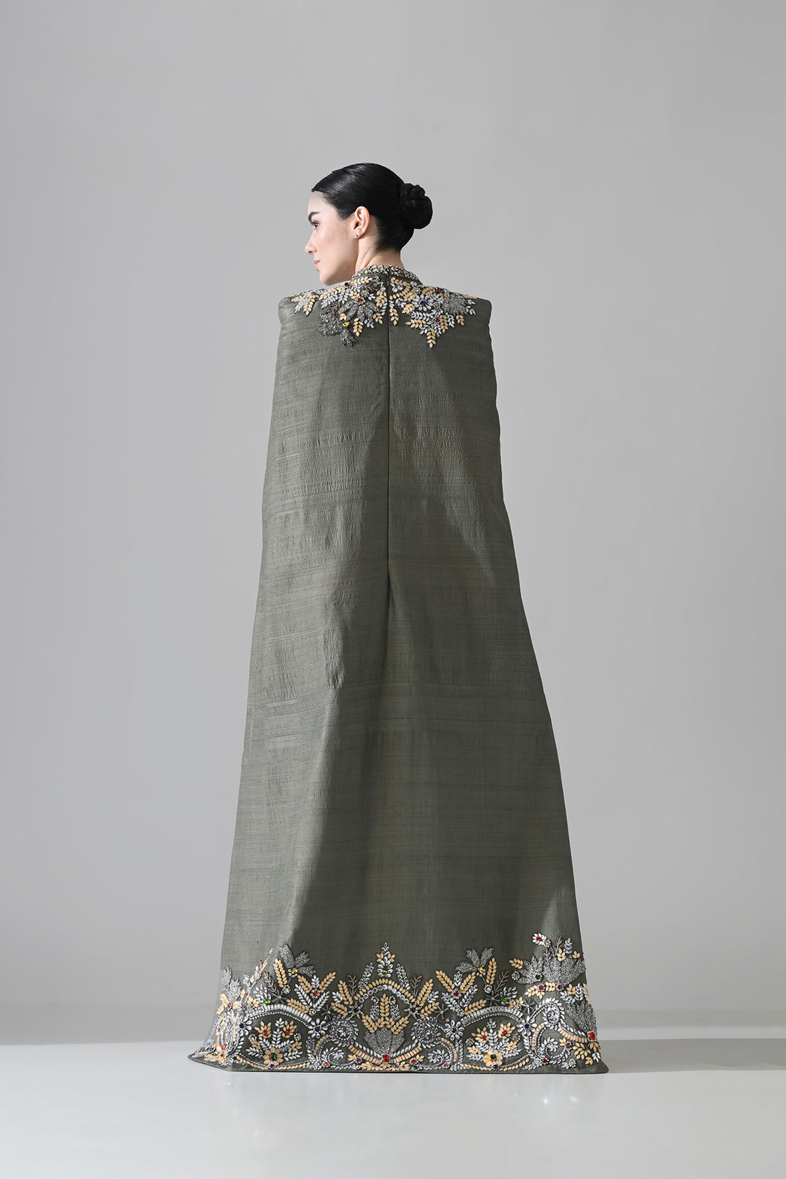 Grey Cape Dress With Hand-Embroidered Detail On Neckline And Hemline