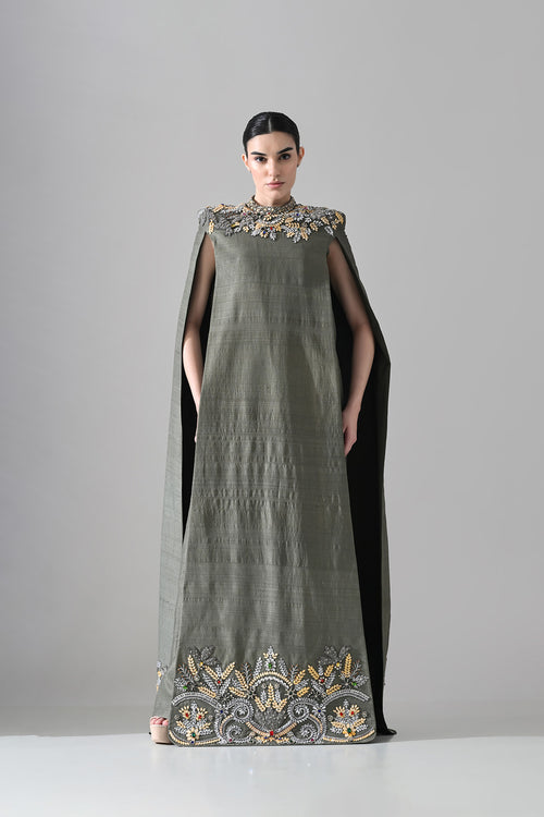 Grey Cape Dress With Hand-Embroidered Detail On Neckline And Hemline
