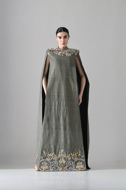 Grey Cape Dress With Hand-Embroidered Detail On Neckline And Hemline