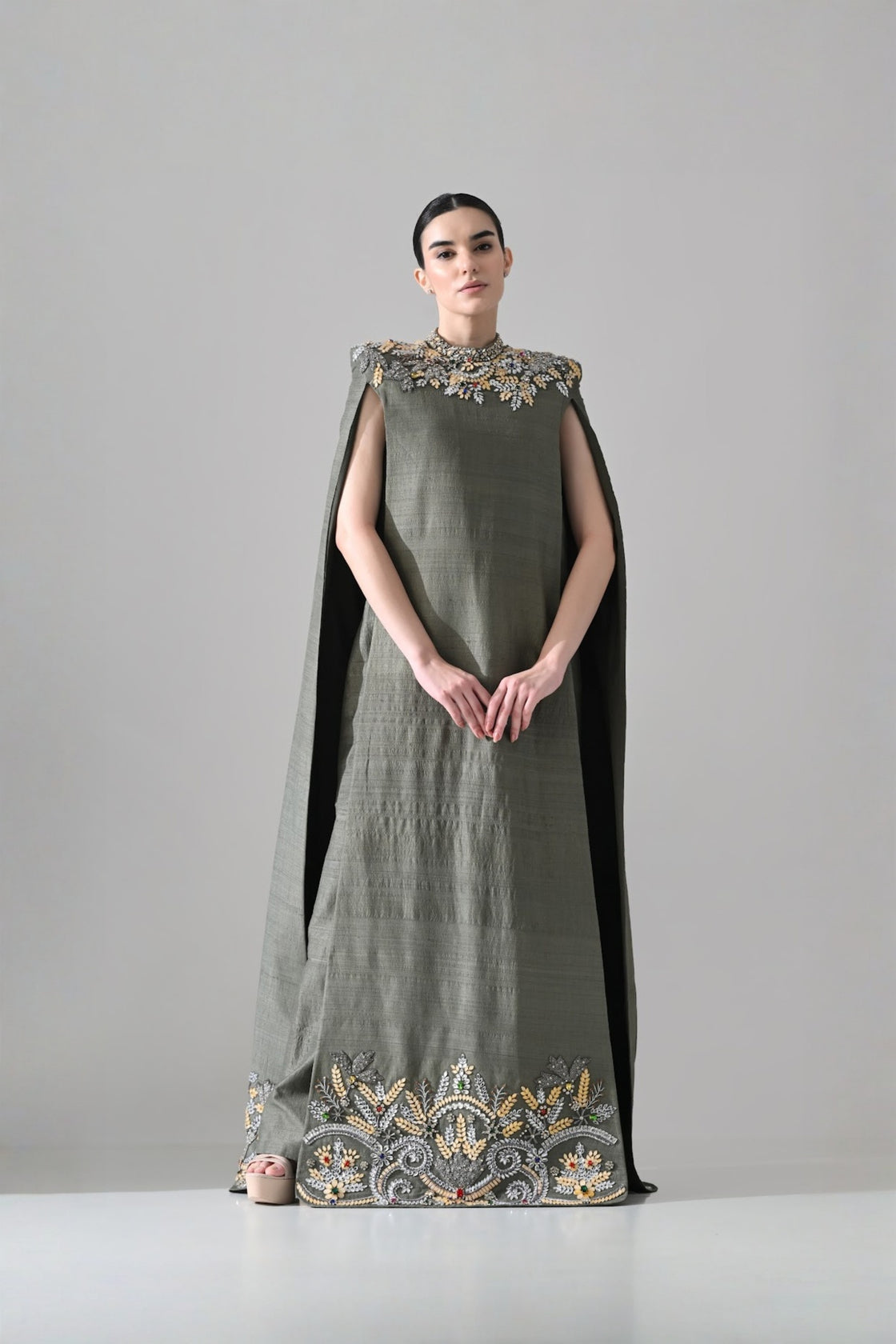 Grey Cape Dress With Hand-Embroidered Detail On Neckline And Hemline