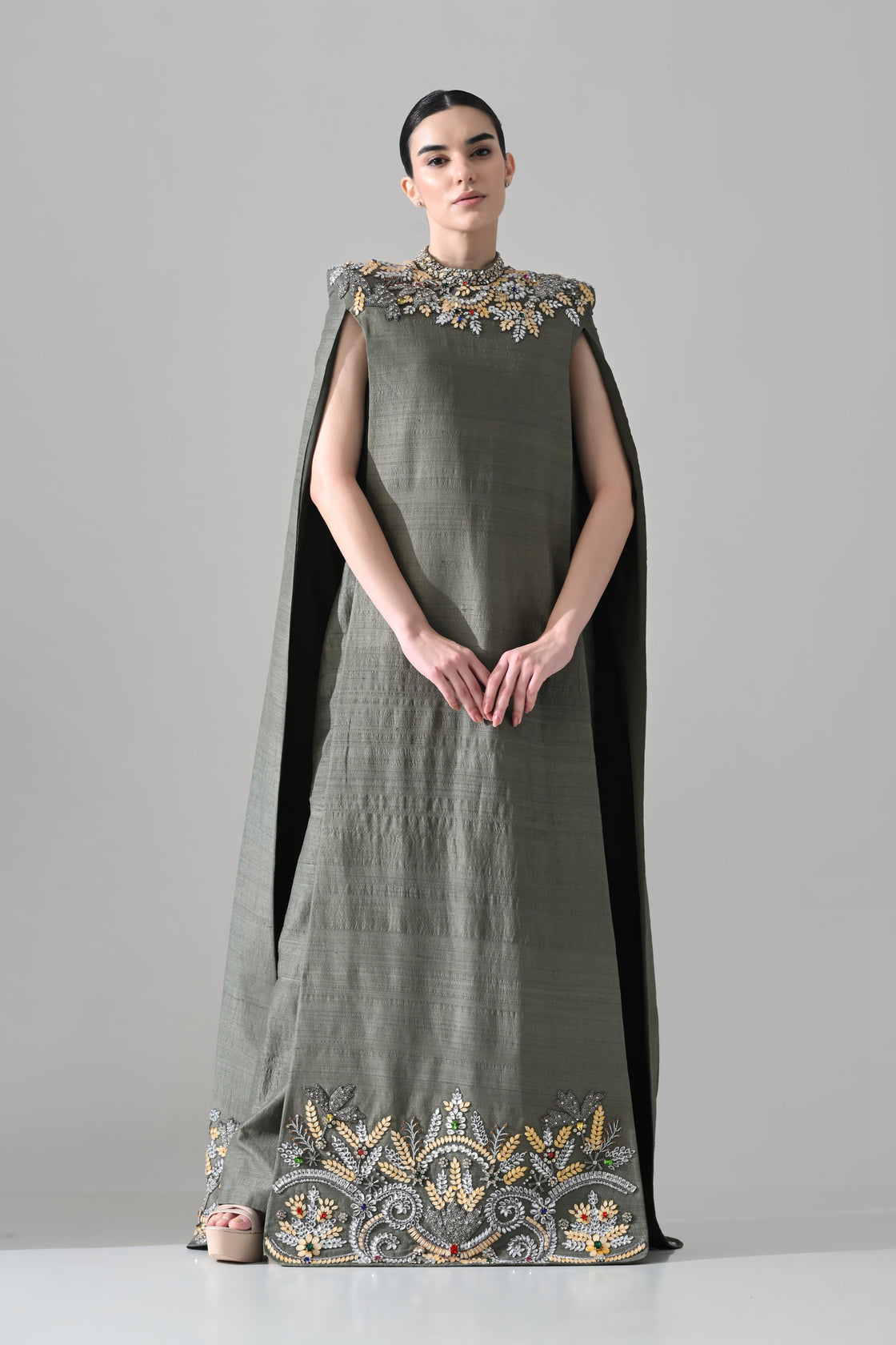 Olive Cape Dress with Hand-Embroidered Neckline and Hem