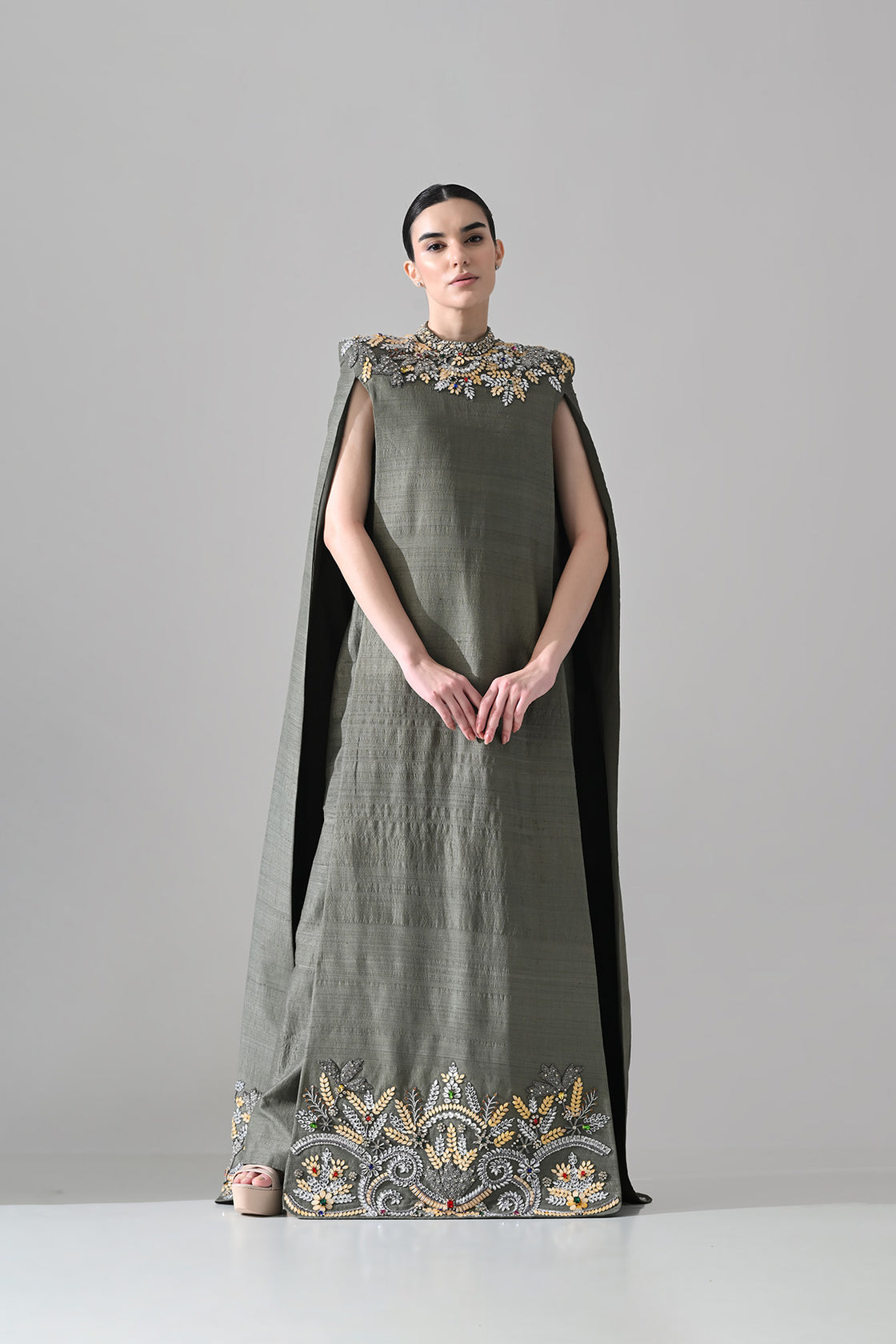 Grey Cape Dress With Hand-Embroidered Detail On Neckline And Hemline