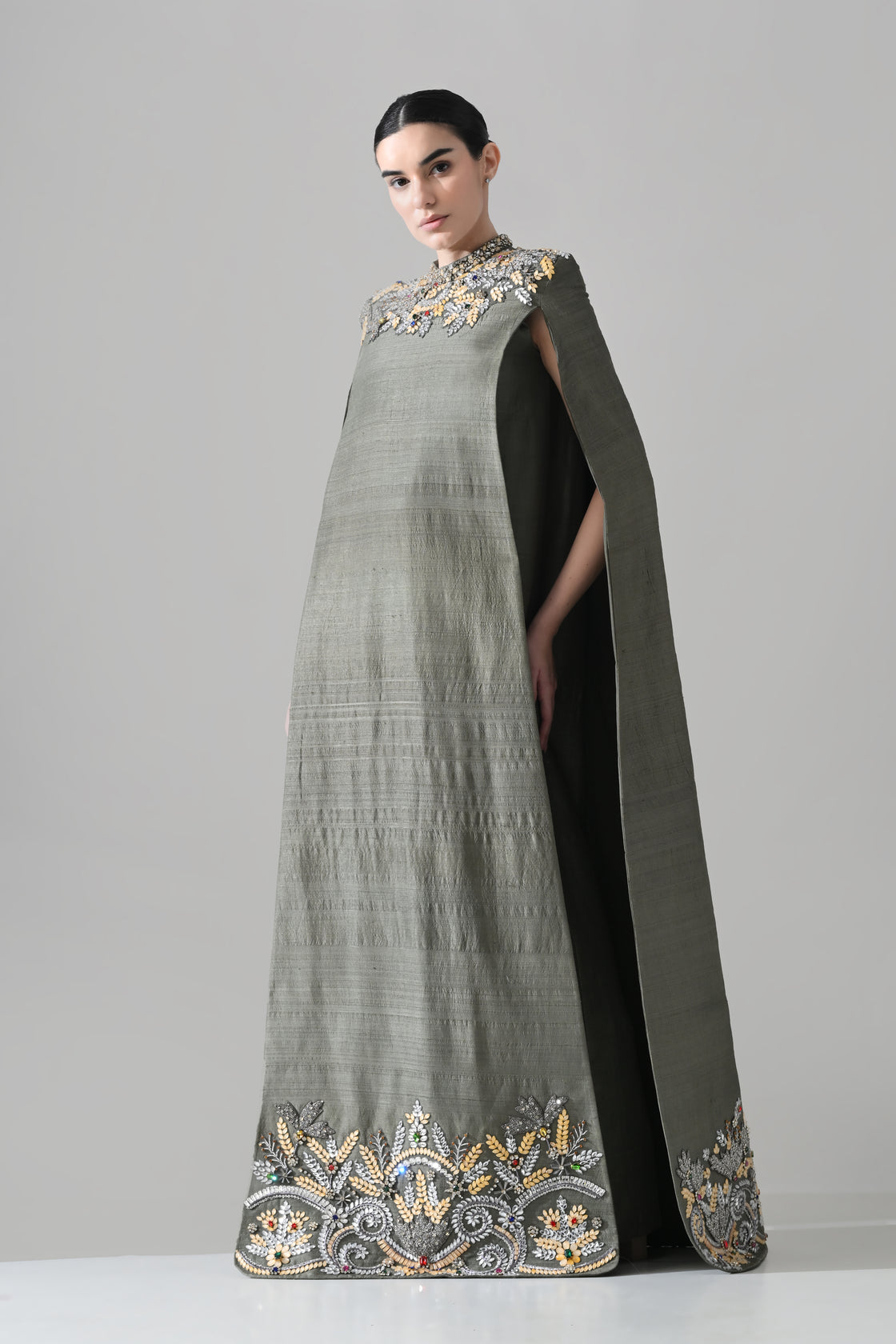 Olive Cape Dress with Hand-Embroidered Neckline and Hem