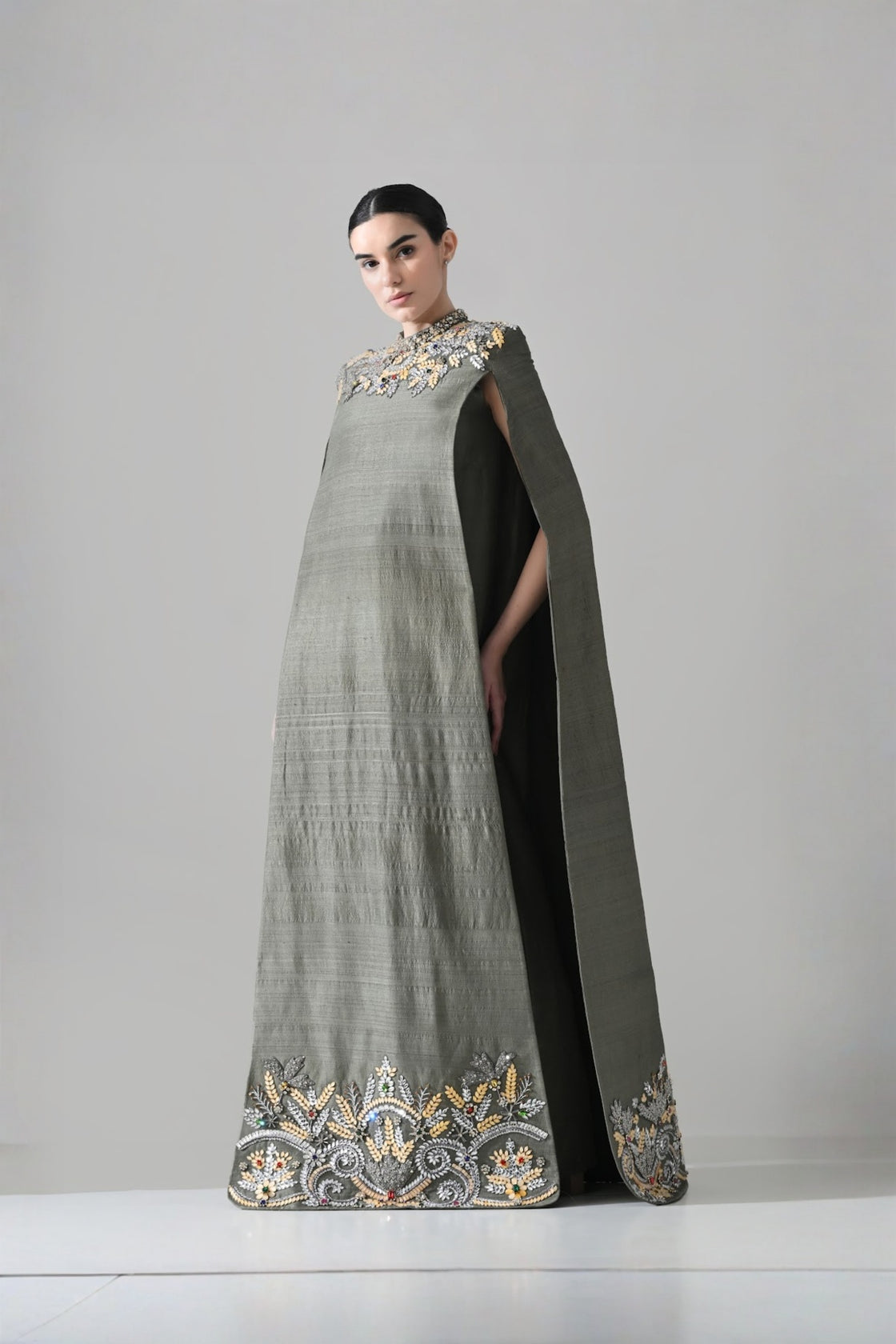 Grey Cape Dress With Hand-Embroidered Detail On Neckline And Hemline