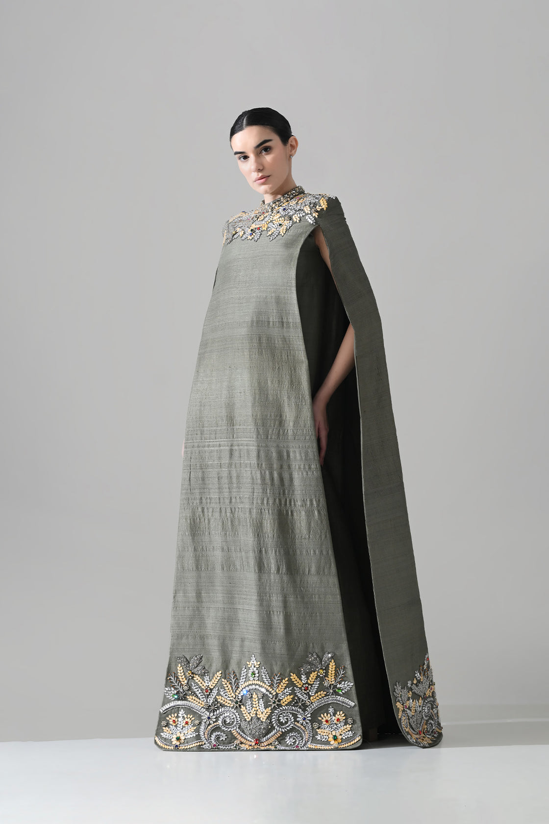 Grey Cape Dress With Hand-Embroidered Detail On Neckline And Hemline