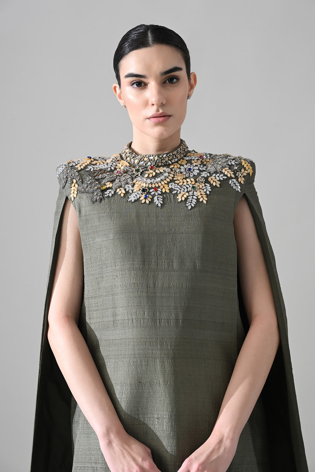 Grey Cape Dress With Hand-Embroidered Detail On Neckline And Hemline