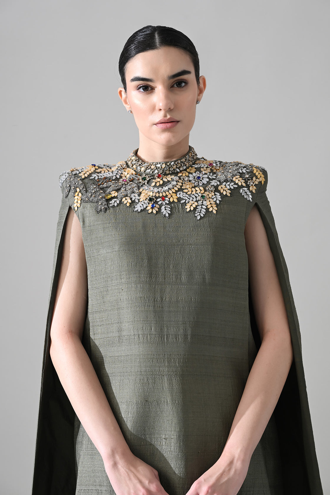 Grey Cape Dress With Hand-Embroidered Detail On Neckline And Hemline