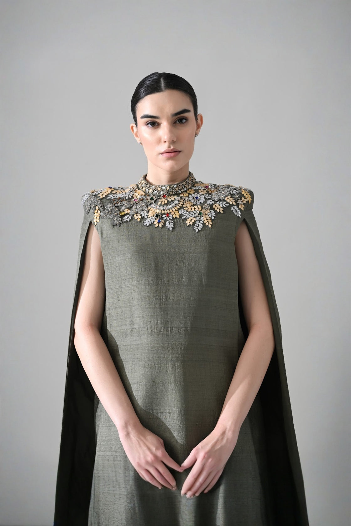 Grey Cape Dress With Hand-Embroidered Detail On Neckline And Hemline