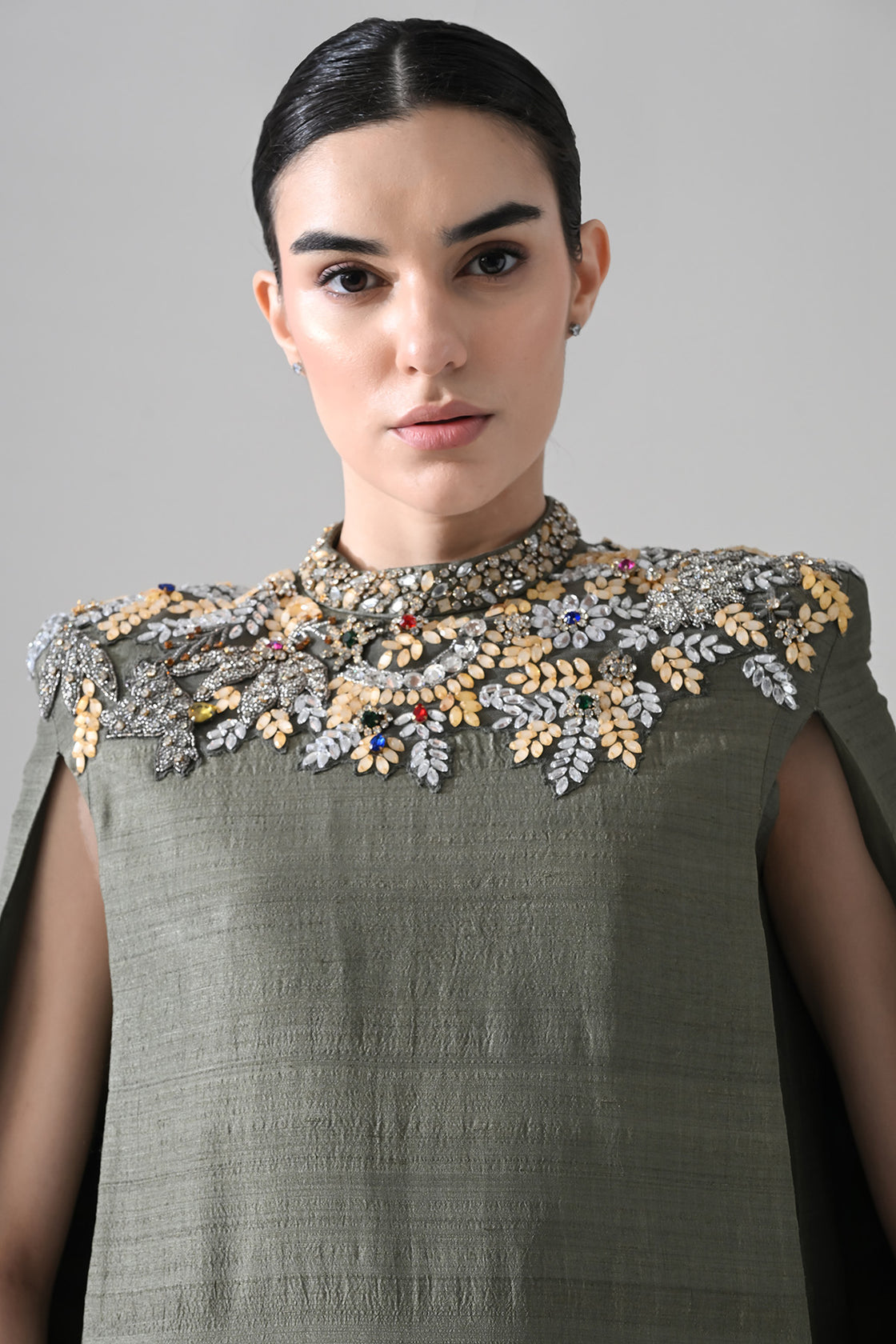 Grey Cape Dress With Hand-Embroidered Detail On Neckline And Hemline